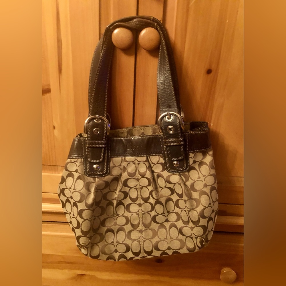 COACH Signature Brown Jacquard Buckle Handle Handbag/Purse Auth M1075 F15047